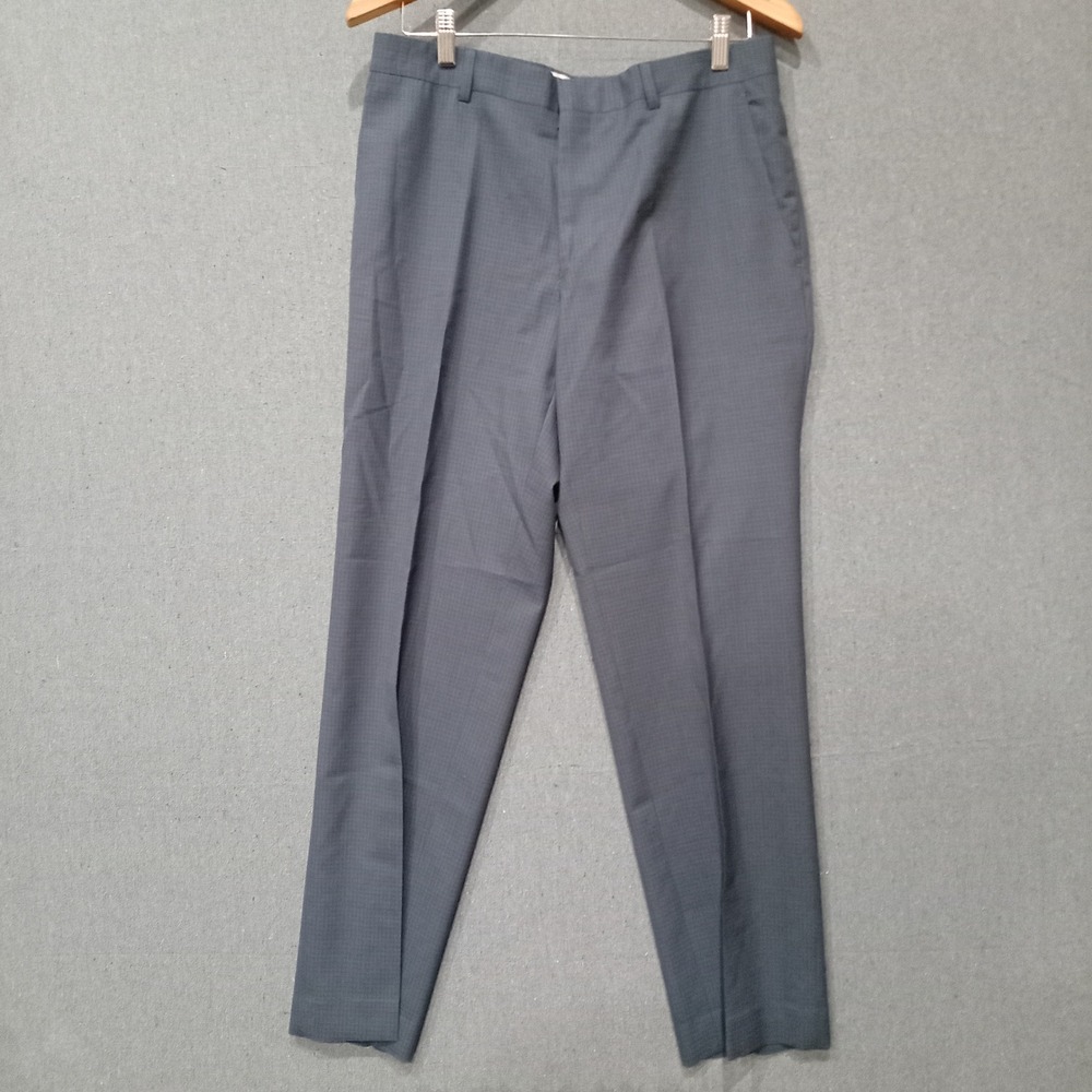 Jos A Bank Mens 33R Blue Micro Grid 100% Wool Flat Front Dress Pants Trousers